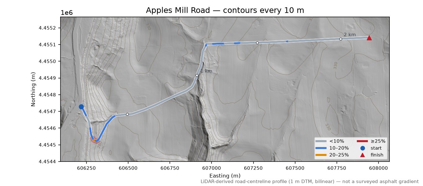 Apples Mill Road LiDAR hillshade map with contours