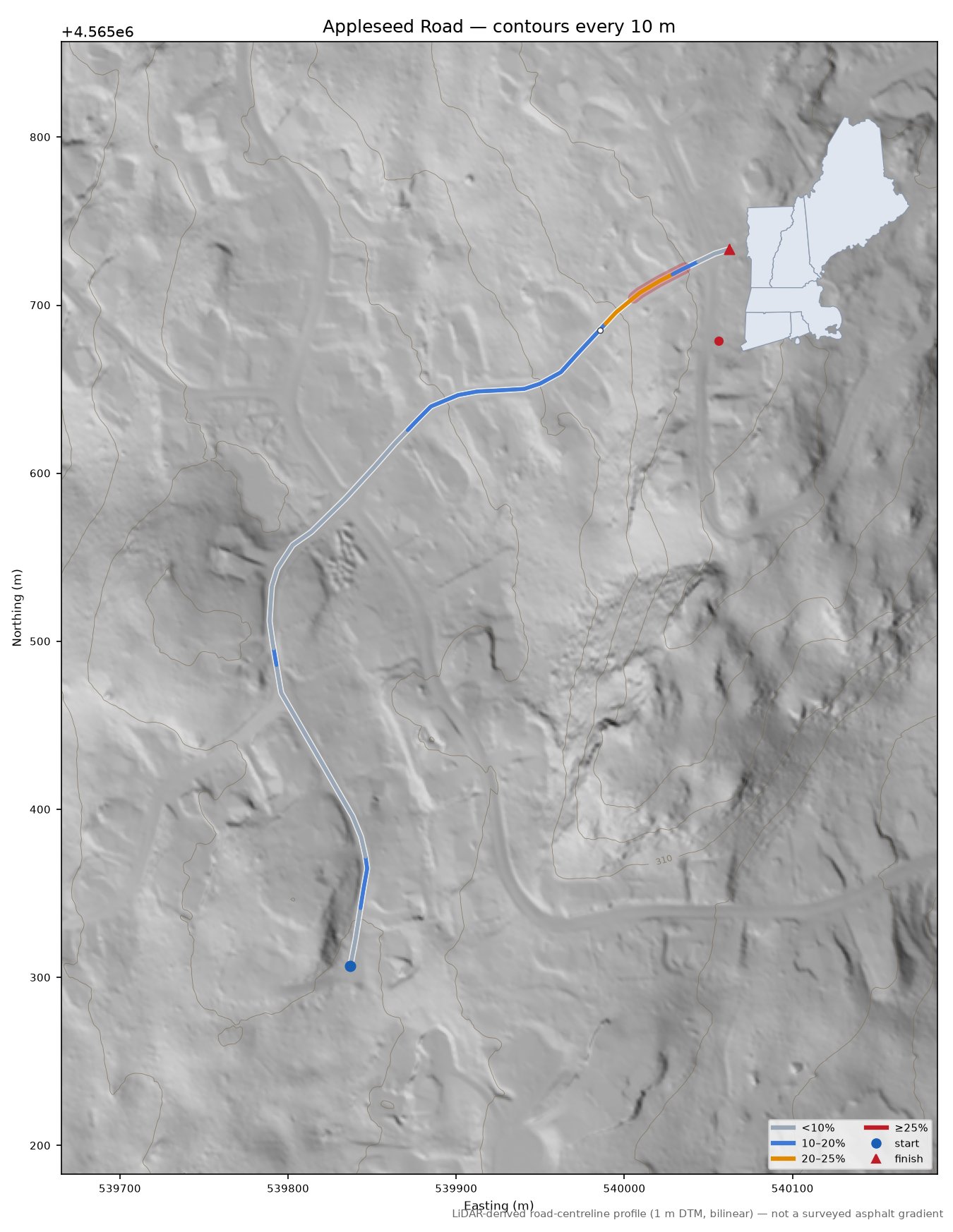 Appleseed Road LiDAR hillshade map with contours