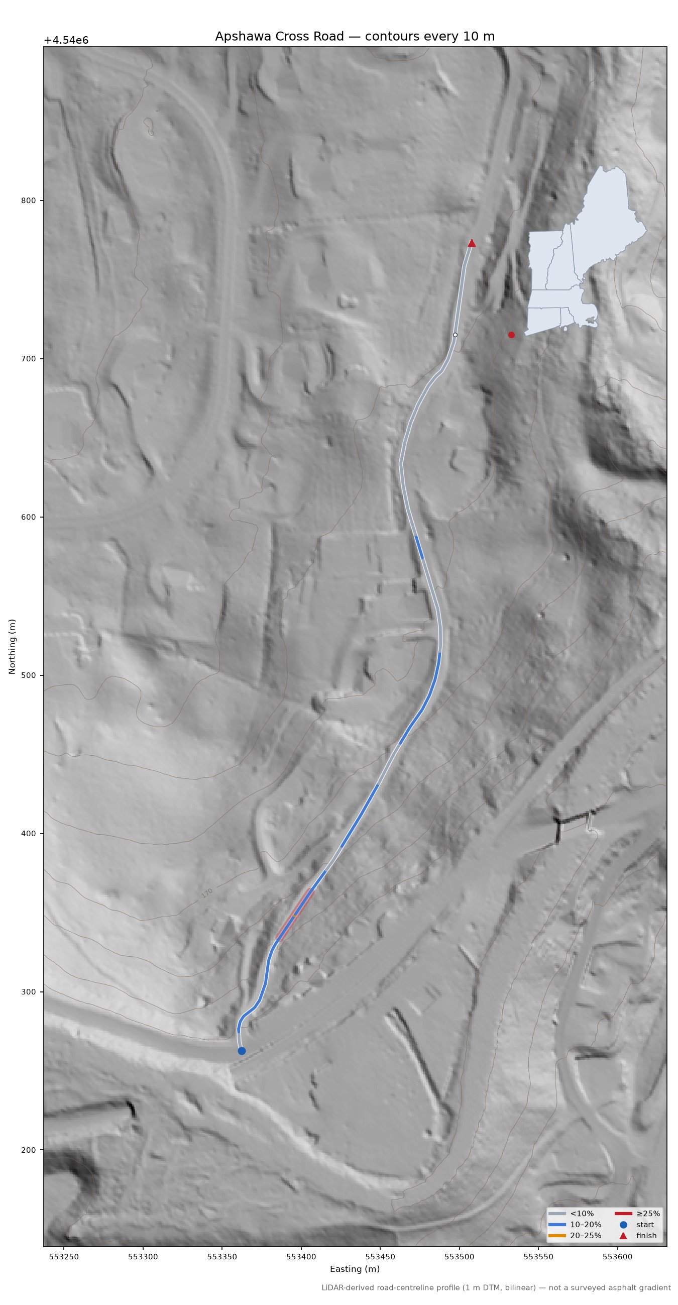 Apshawa Cross Road LiDAR hillshade map with contours