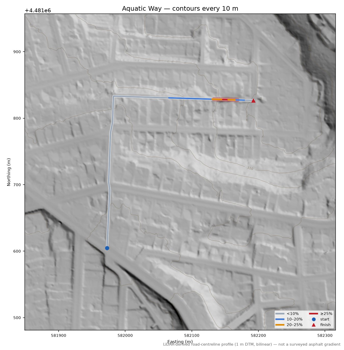 Aquatic Way LiDAR hillshade map with contours