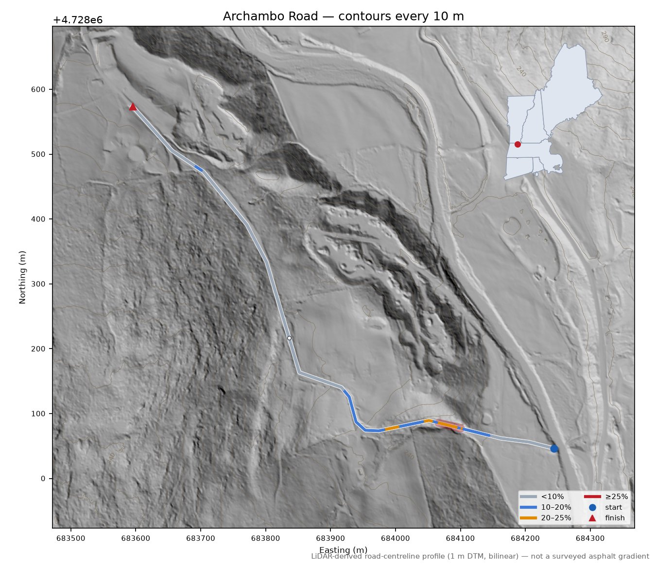 Archambo Road LiDAR hillshade map with contours