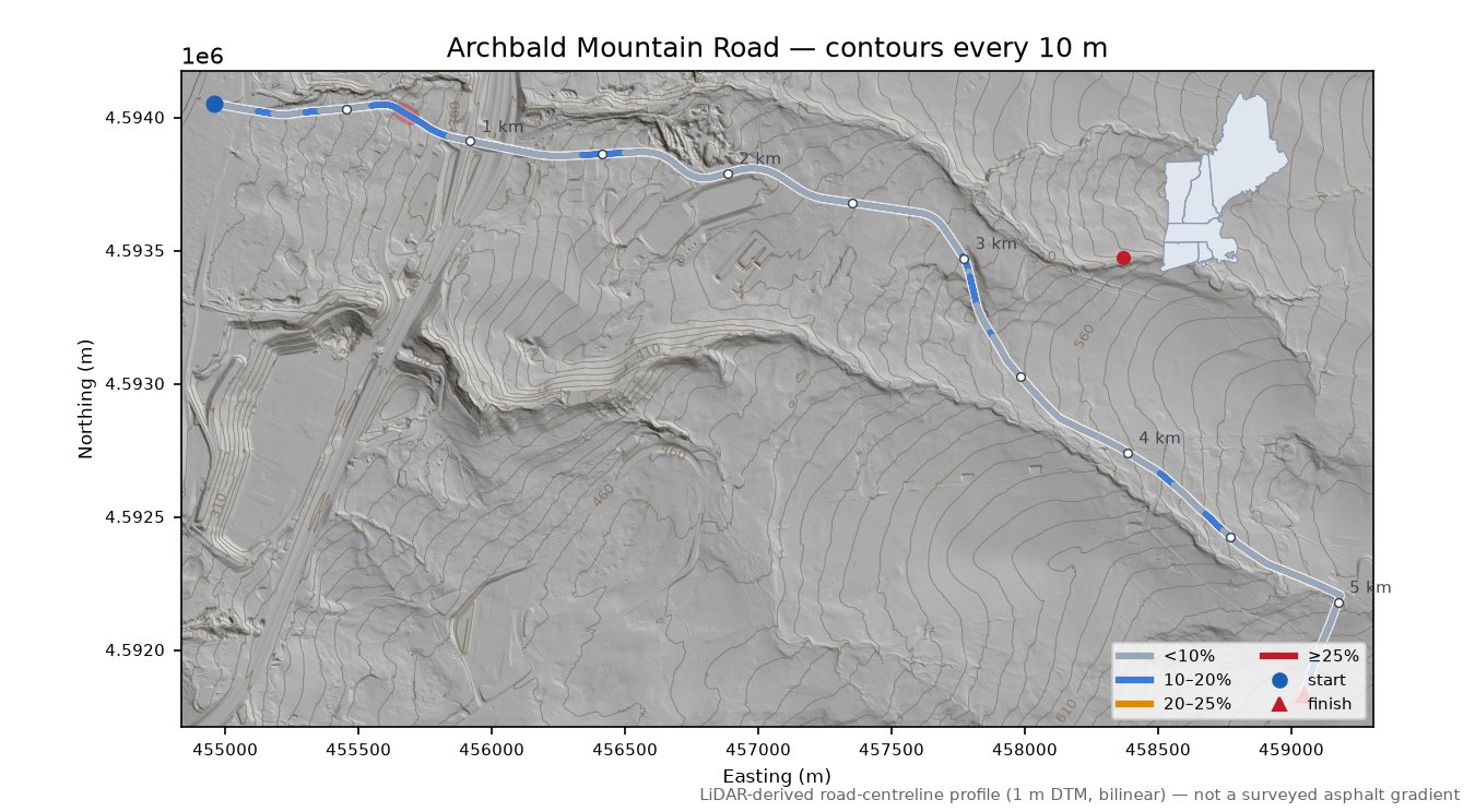 Archbald Mountain Road LiDAR hillshade map with contours