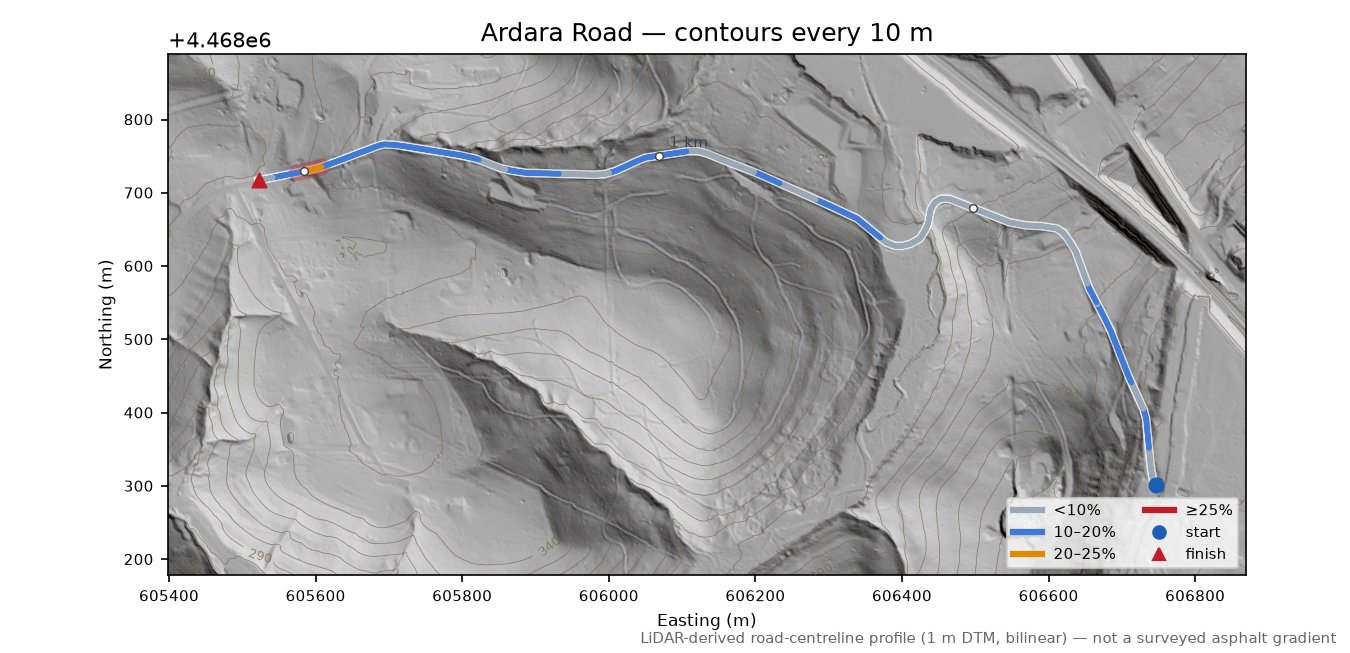 Ardara Road LiDAR hillshade map with contours