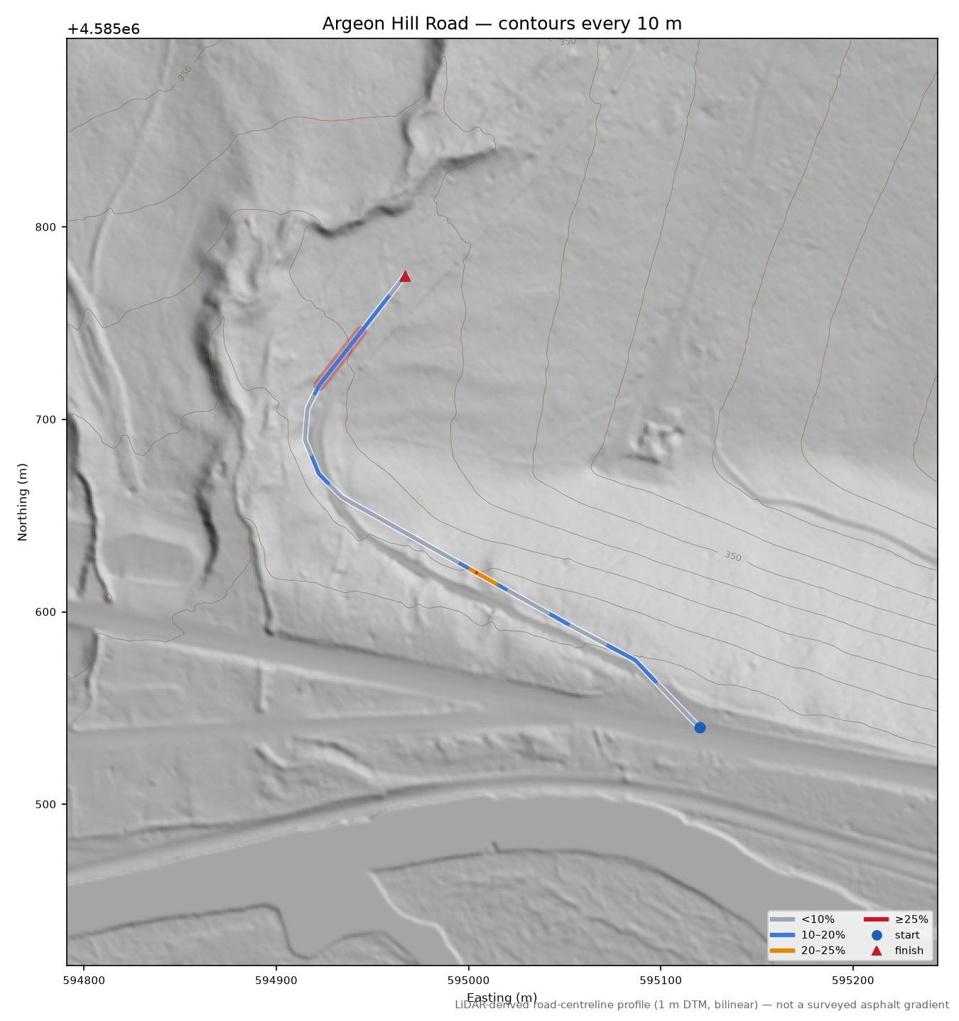 Argeon Hill Road LiDAR hillshade map with contours