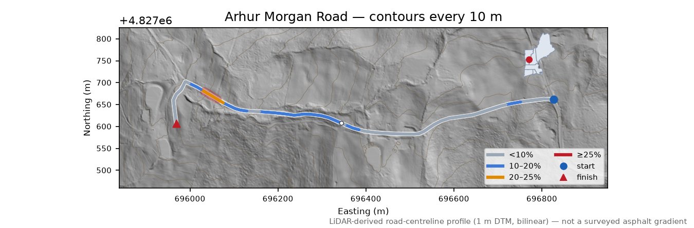 Arhur Morgan Road LiDAR hillshade map with contours