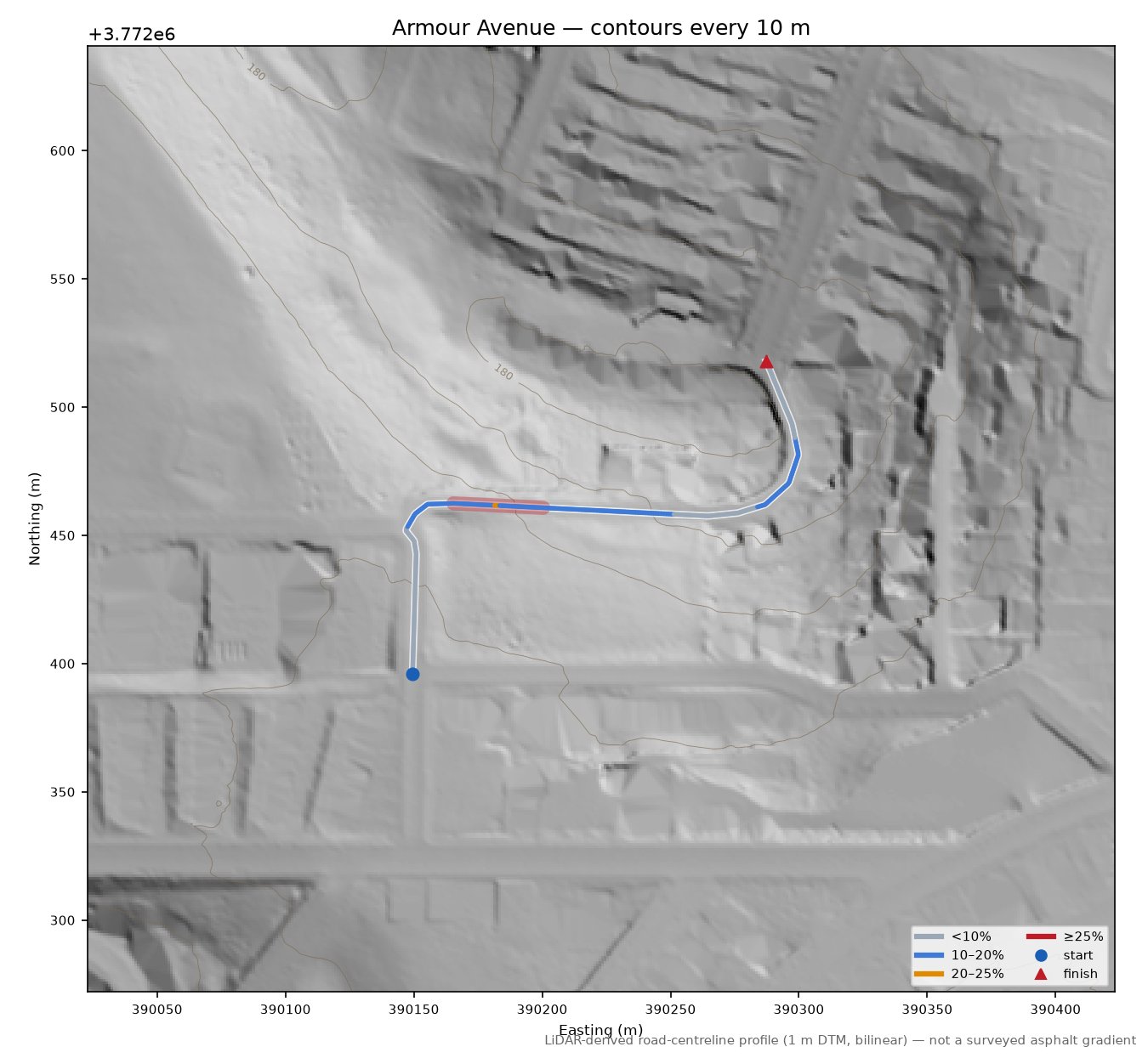 Armour Avenue LiDAR hillshade map with contours