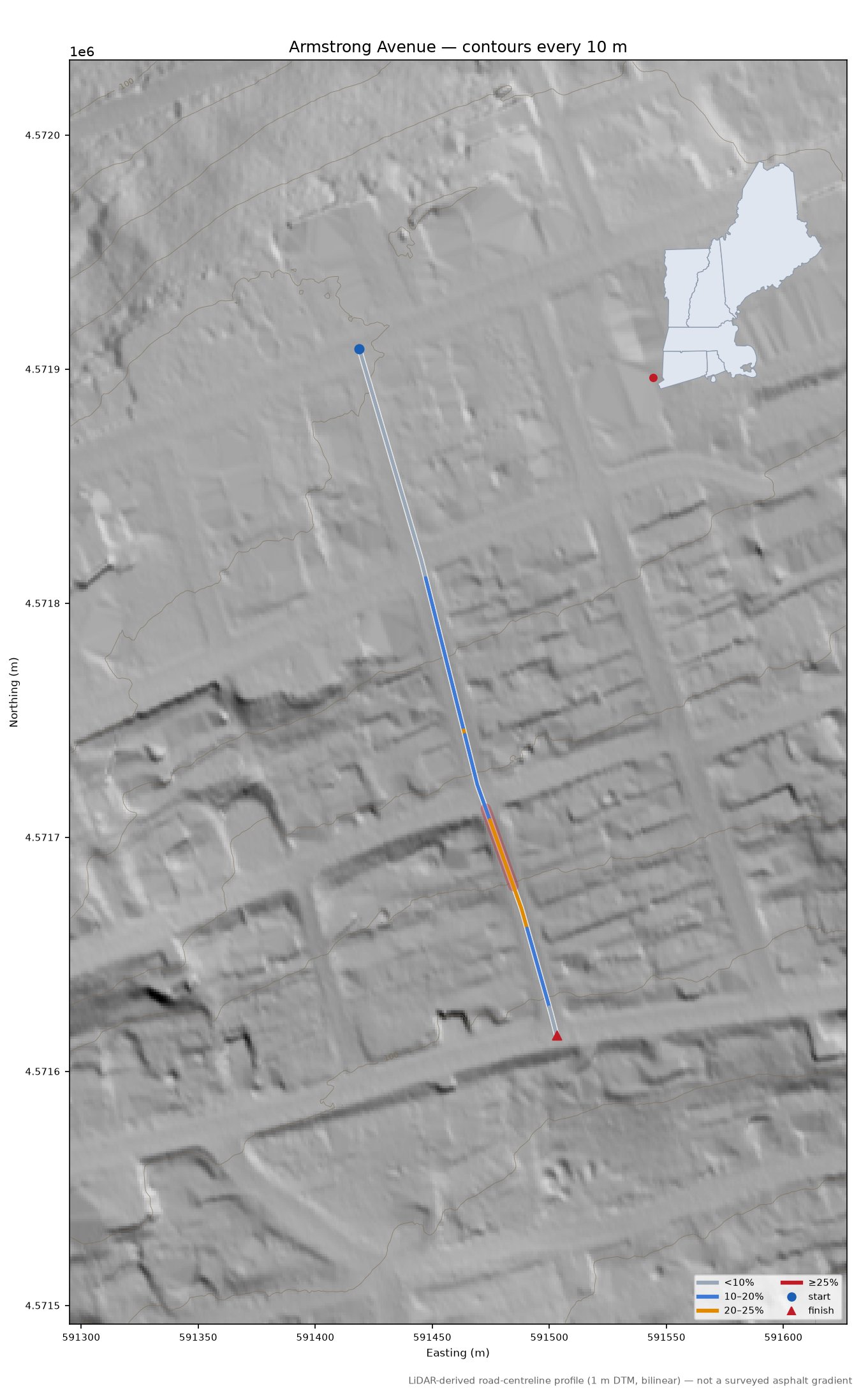 Armstrong Avenue LiDAR hillshade map with contours