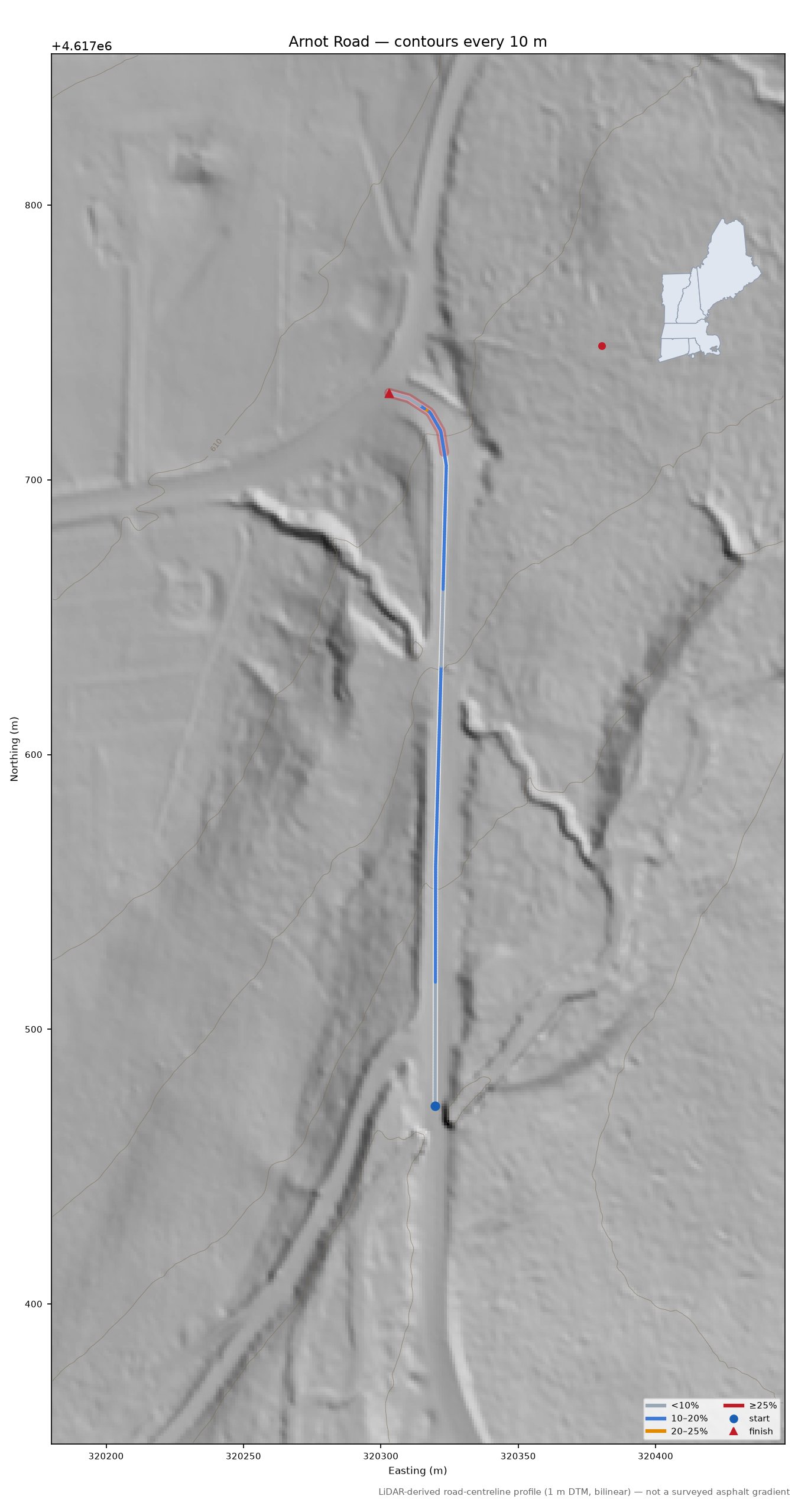 Arnot Road LiDAR hillshade map with contours