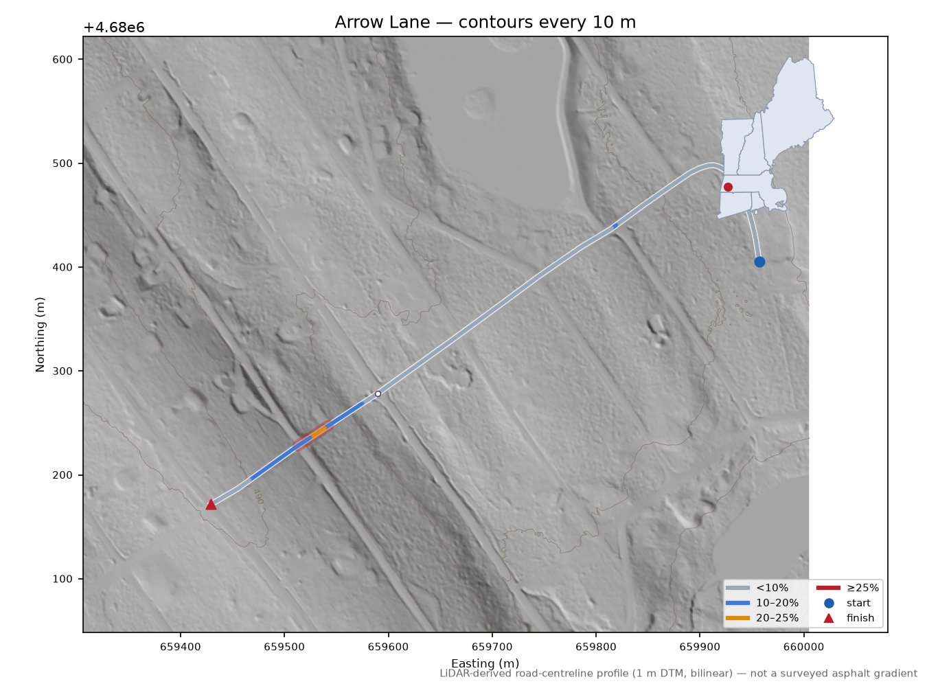 Arrow Lane LiDAR hillshade map with contours