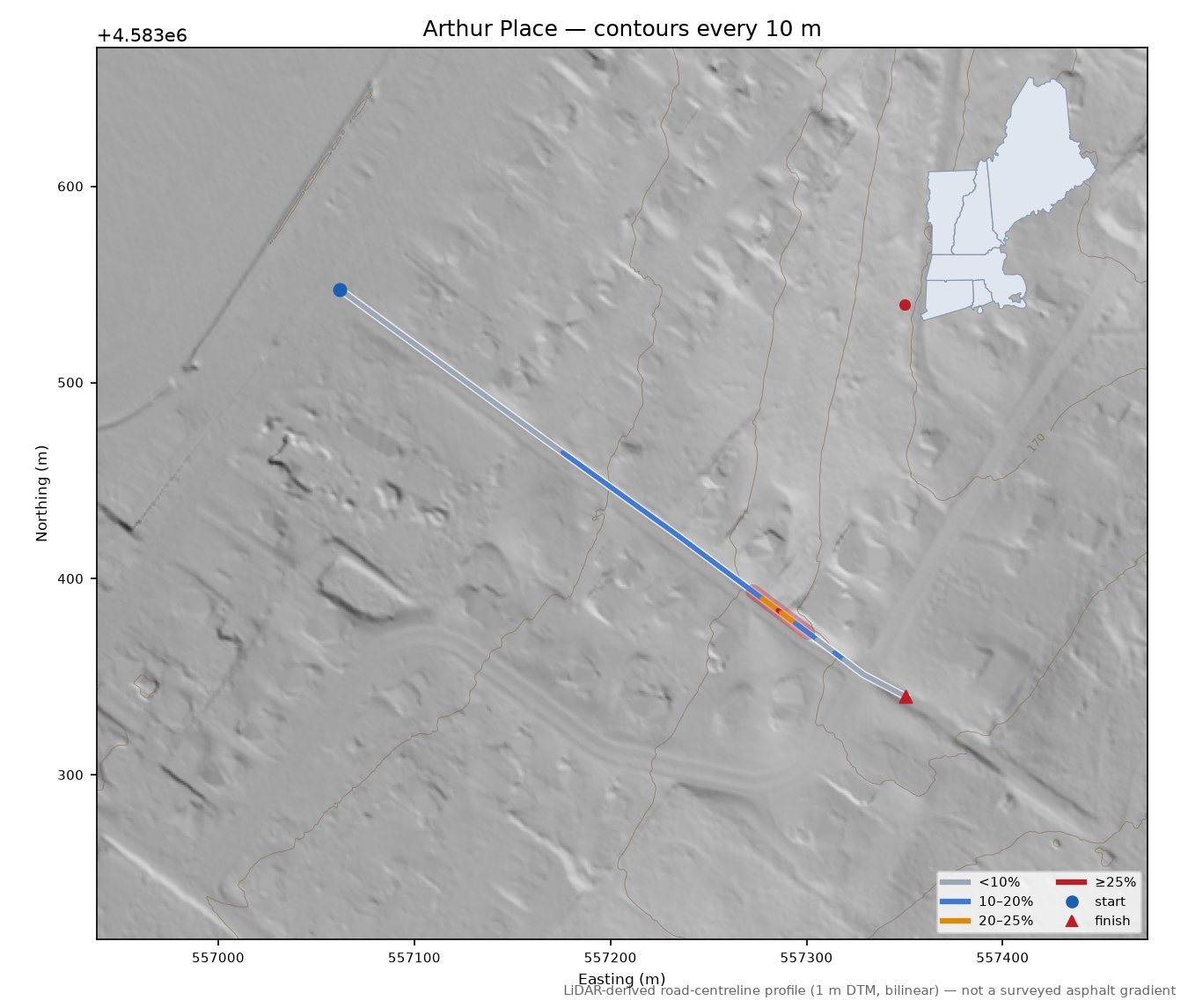 Arthur Place LiDAR hillshade map with contours