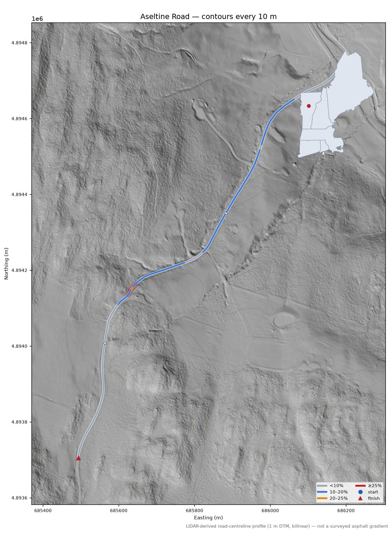 Aseltine Road LiDAR hillshade map with contours