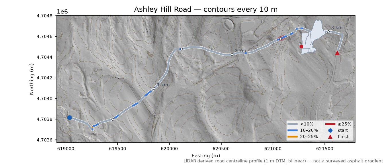 Ashley Hill Road LiDAR hillshade map with contours