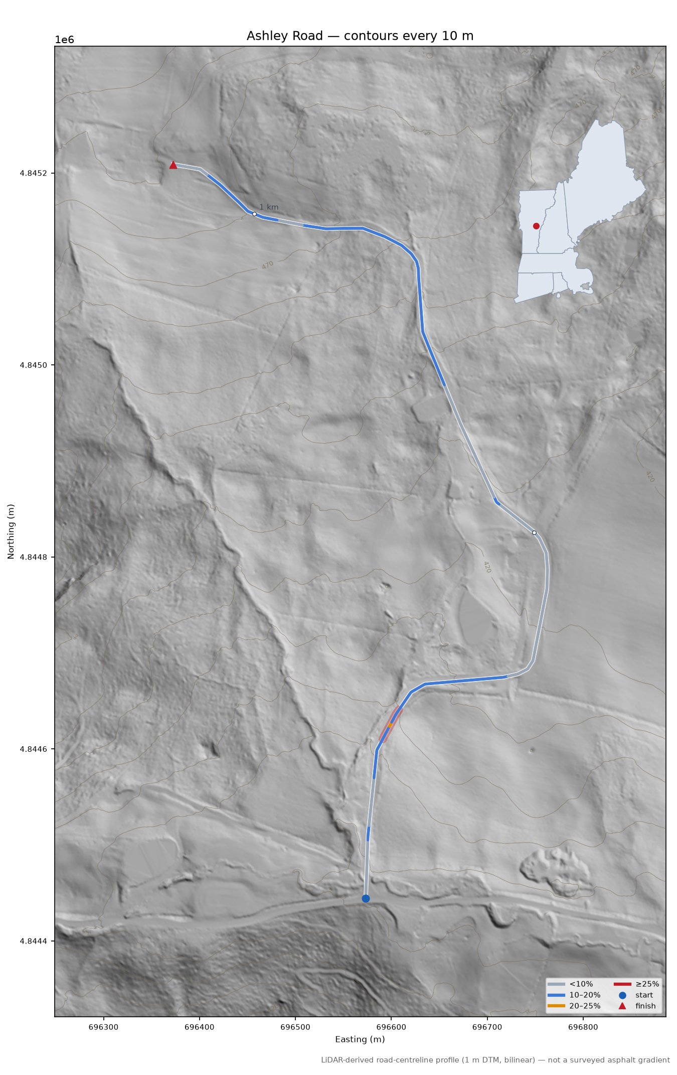 Ashley Road LiDAR hillshade map with contours