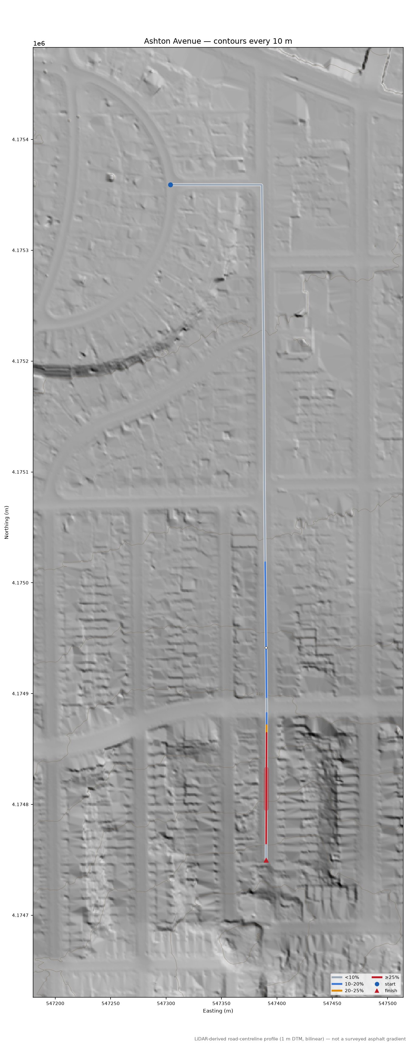 Ashton Avenue LiDAR hillshade map with contours