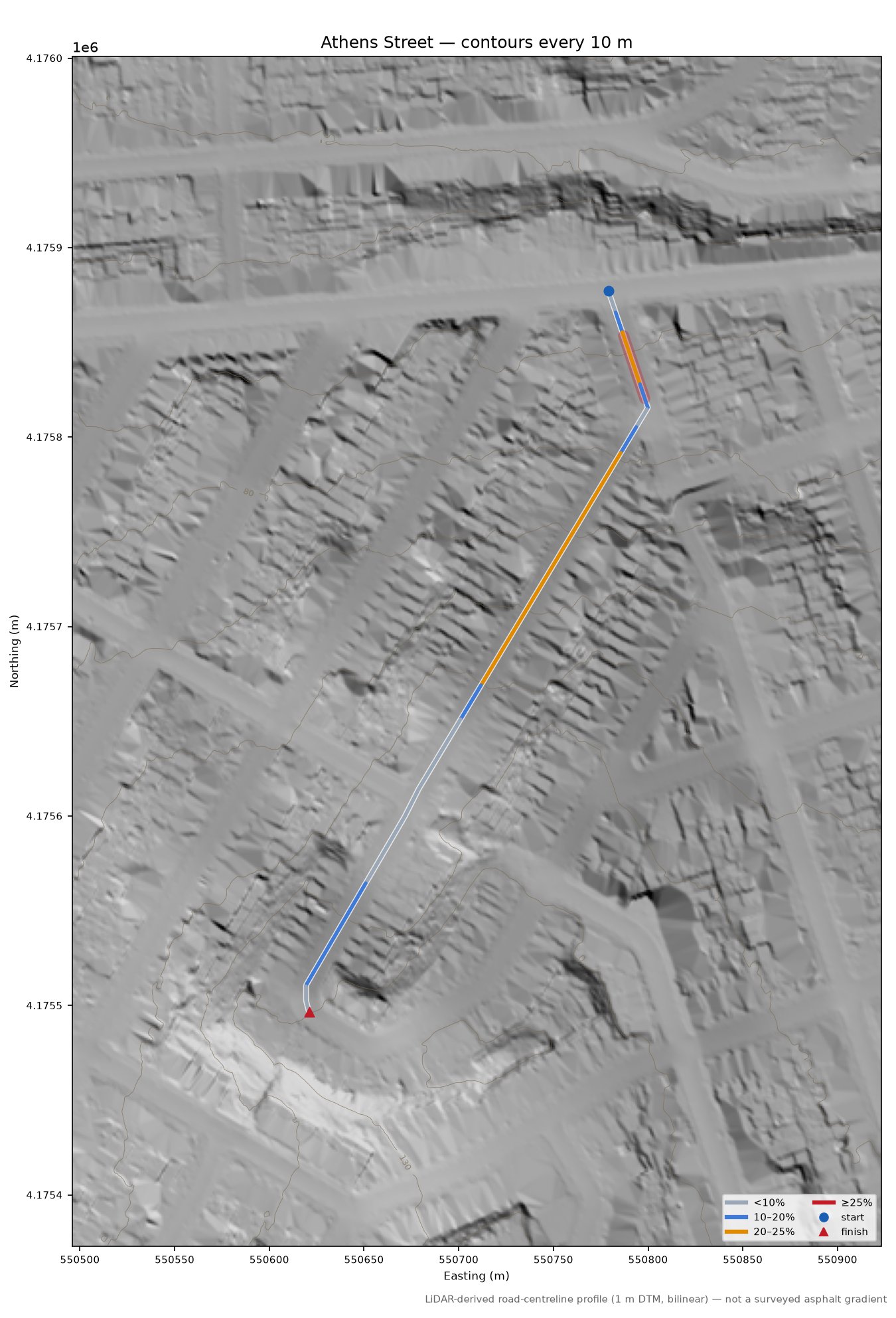 Athens Street LiDAR hillshade map with contours