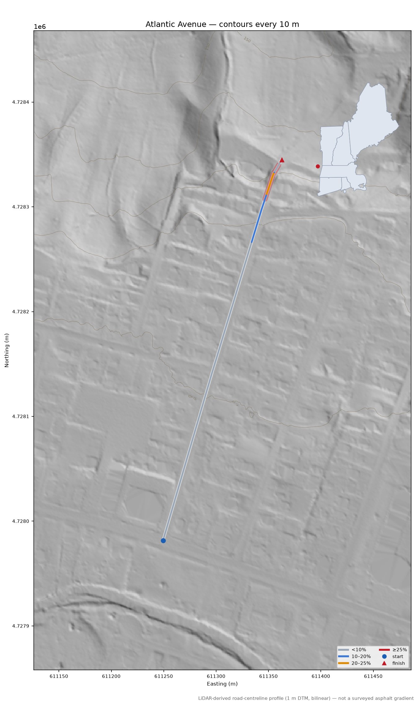 Atlantic Avenue LiDAR hillshade map with contours