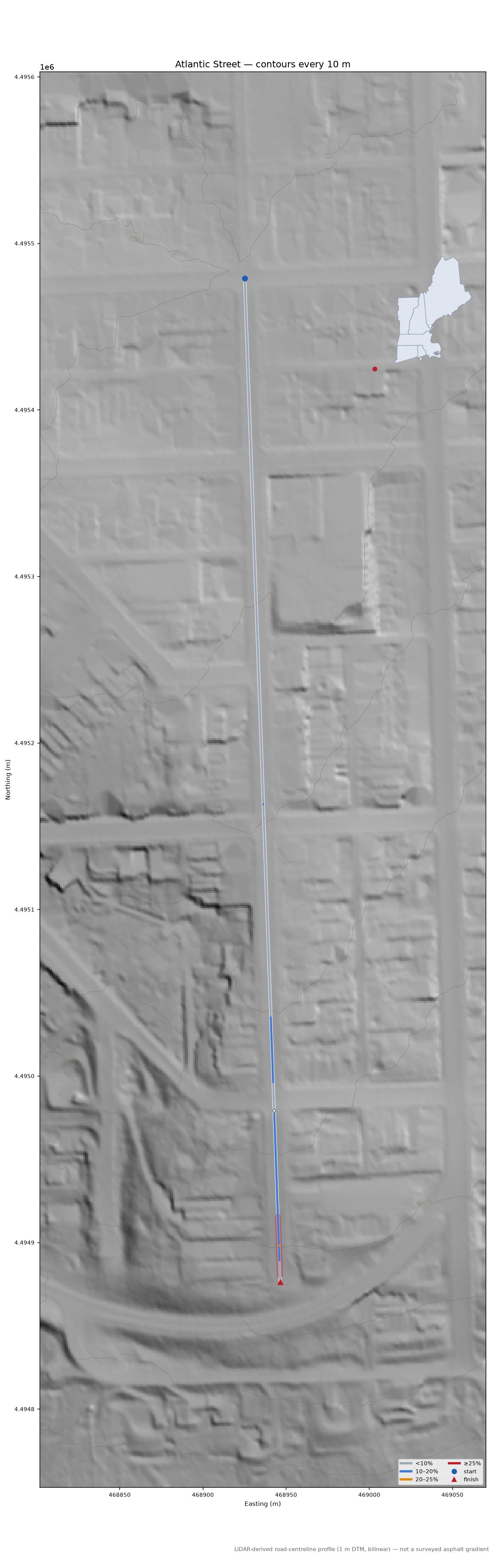 Atlantic Street LiDAR hillshade map with contours
