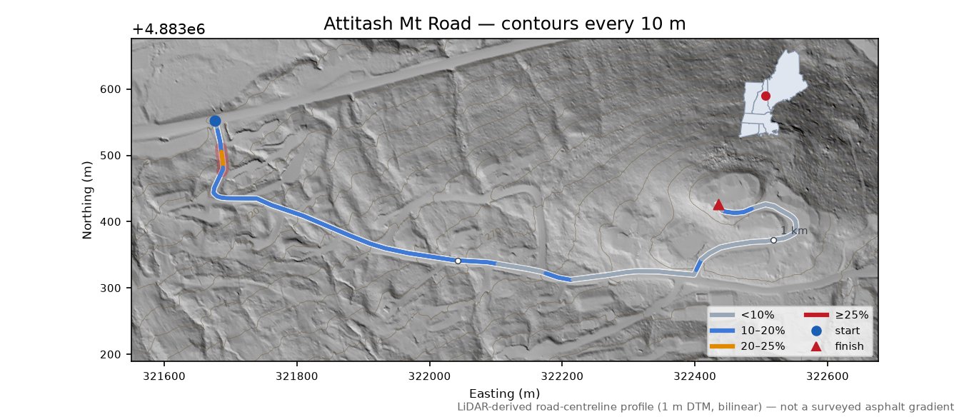Attitash Mt Road LiDAR hillshade map with contours