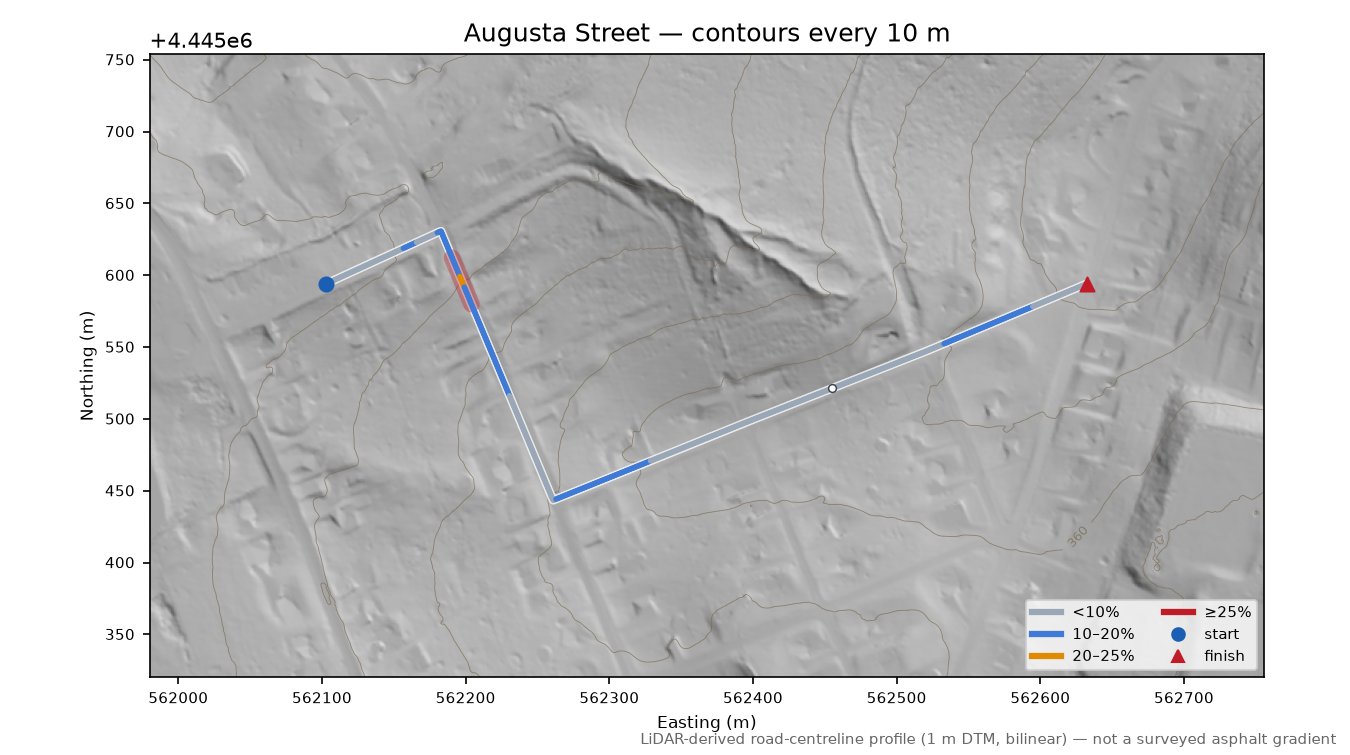 Augusta Street LiDAR hillshade map with contours