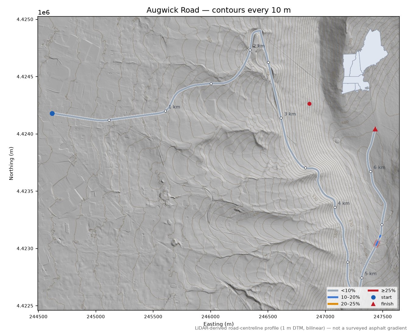 Augwick Road LiDAR hillshade map with contours
