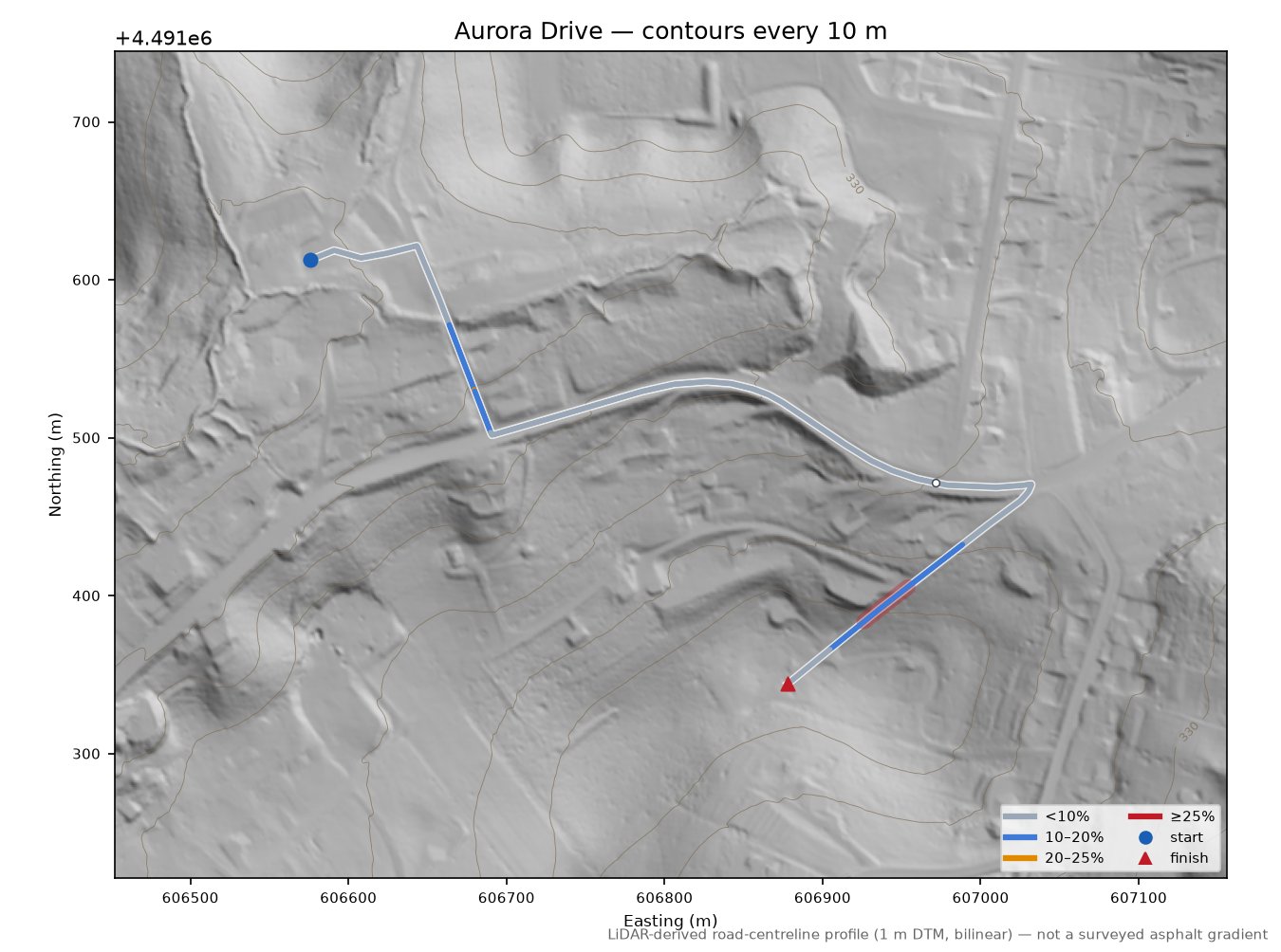 Aurora Drive LiDAR hillshade map with contours