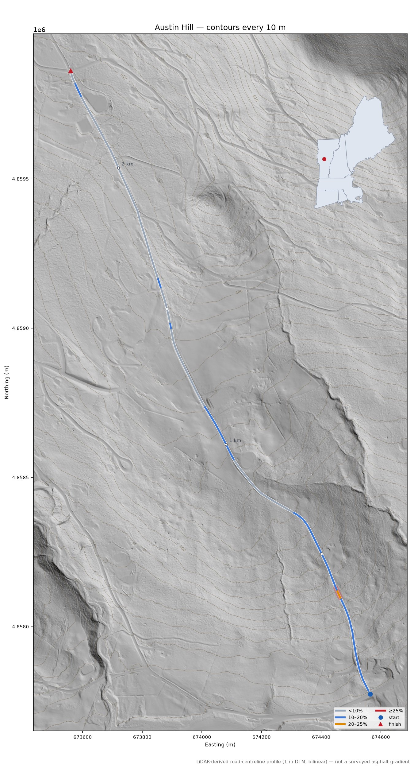 Austin Hill LiDAR hillshade map with contours