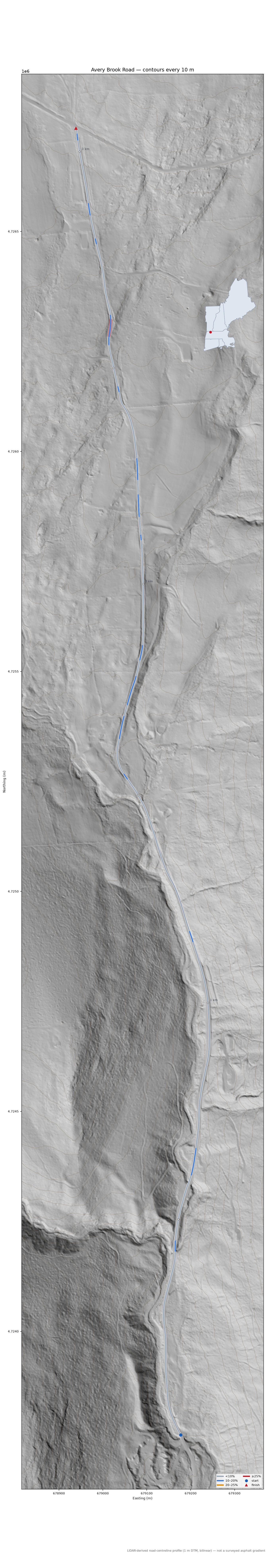 Avery Brook Road LiDAR hillshade map with contours
