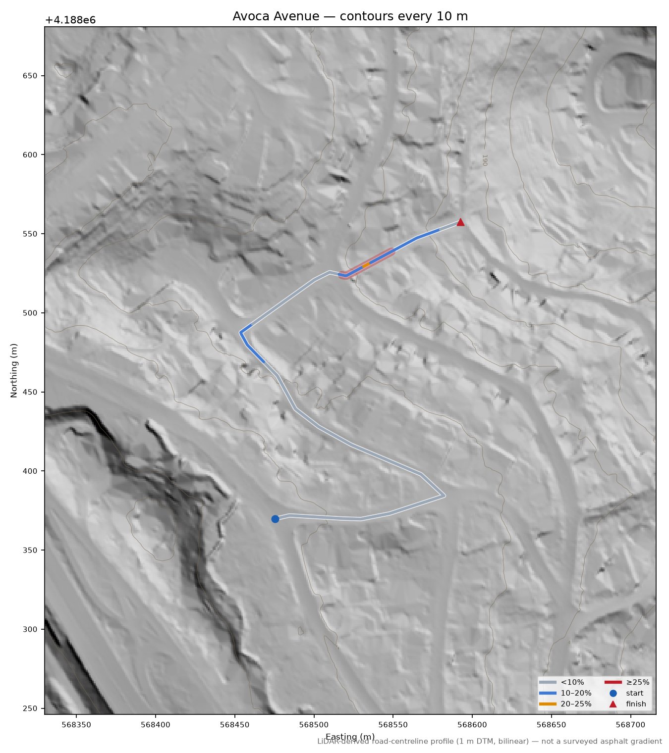 Avoca Avenue LiDAR hillshade map with contours