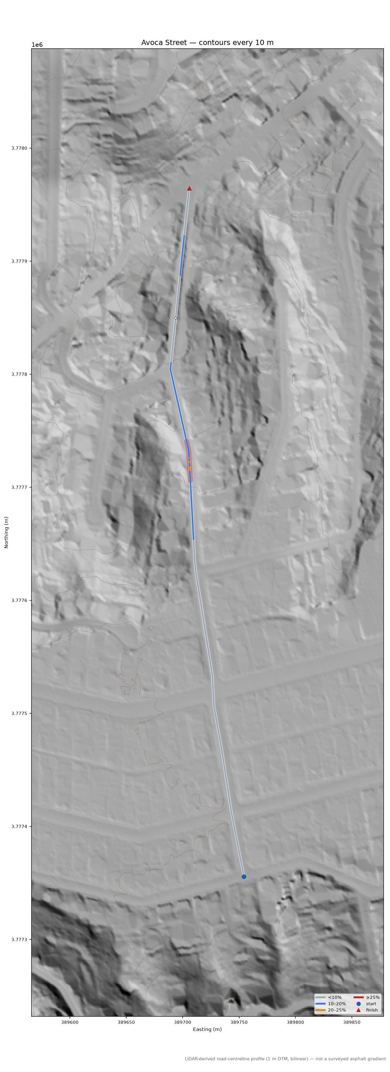 Avoca Street LiDAR hillshade map with contours