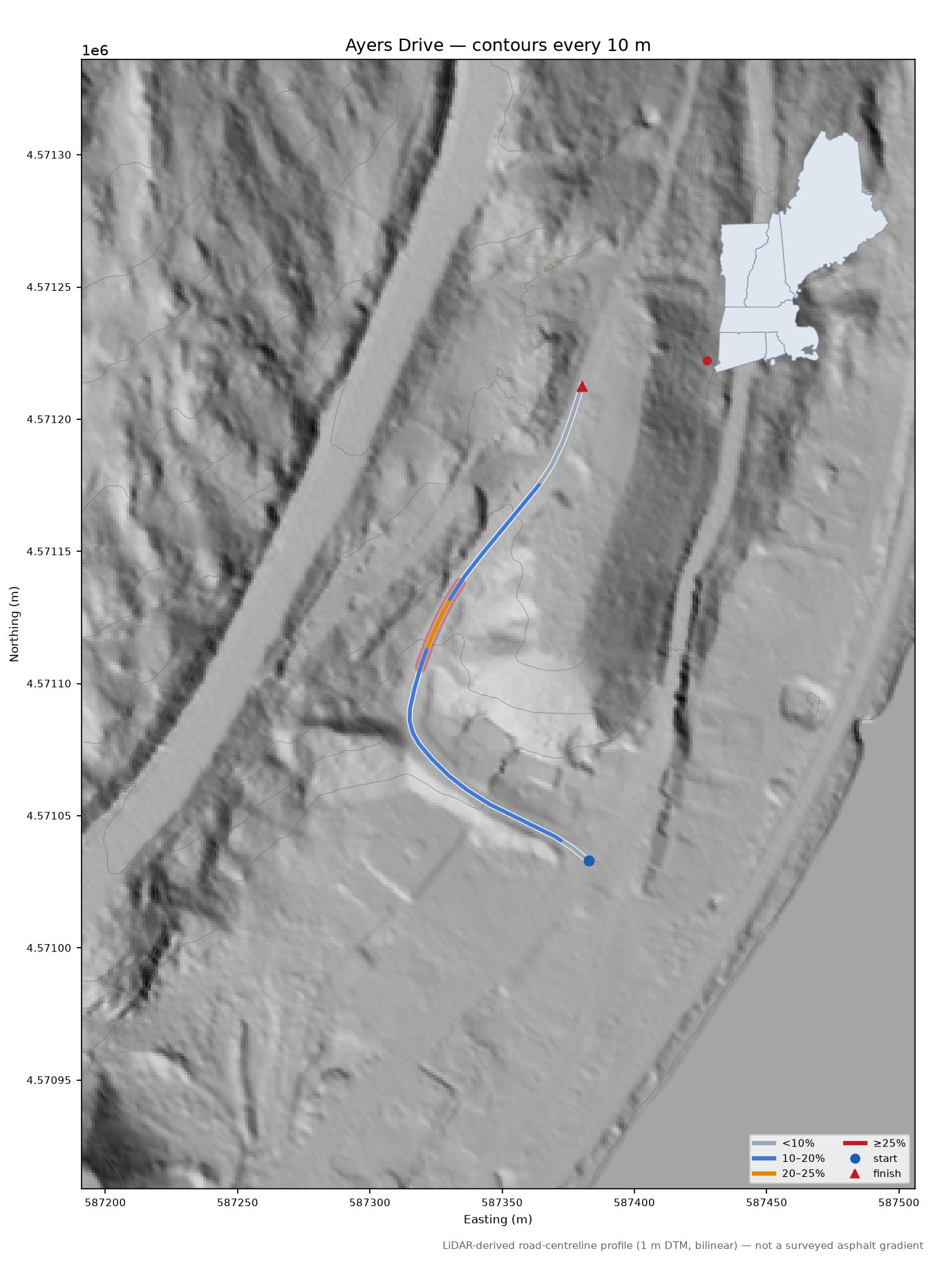Ayers Drive LiDAR hillshade map with contours