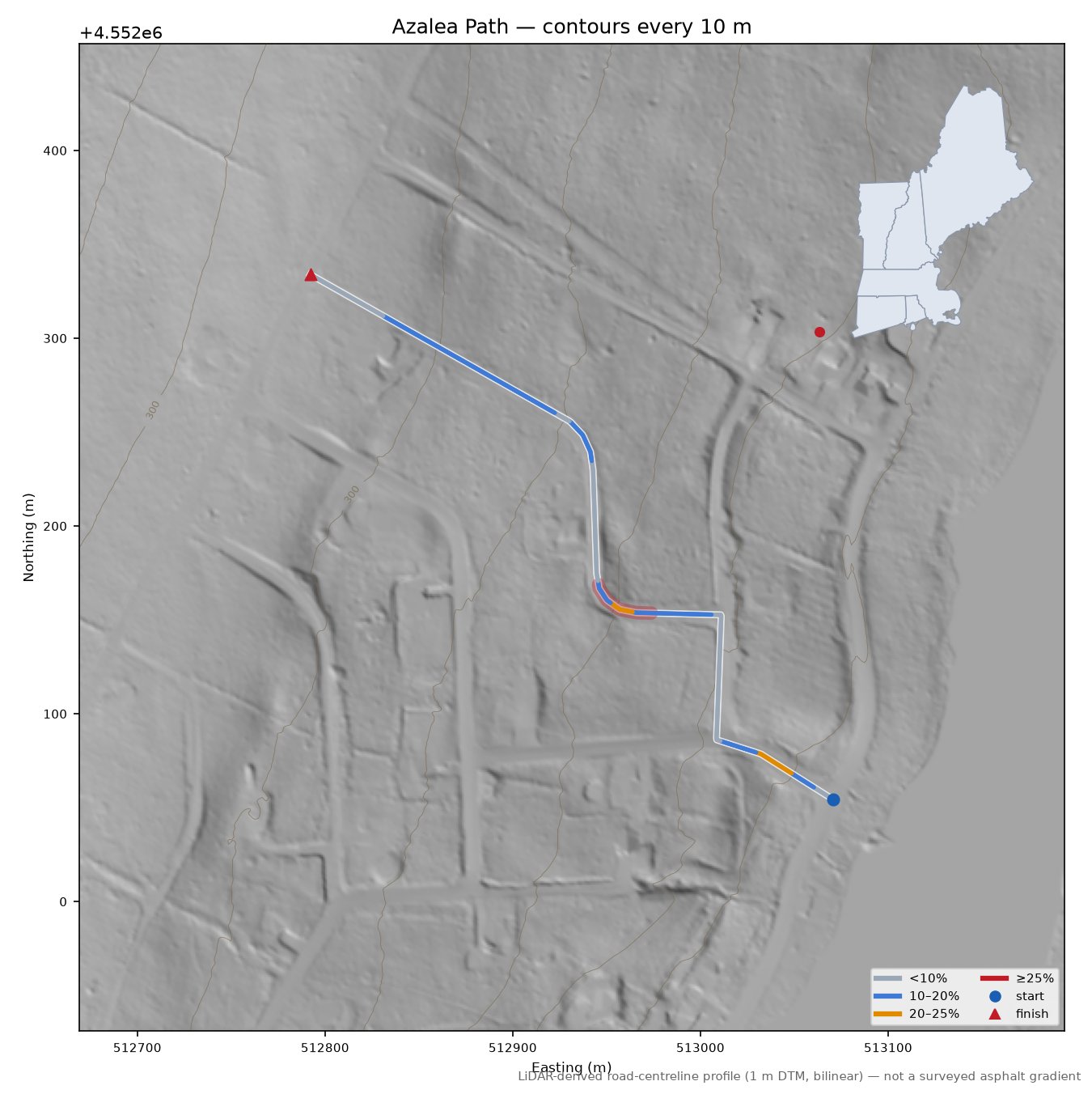 Azalea Path LiDAR hillshade map with contours