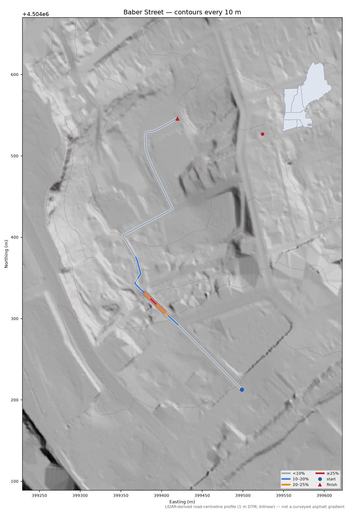 Baber Street LiDAR hillshade map with contours