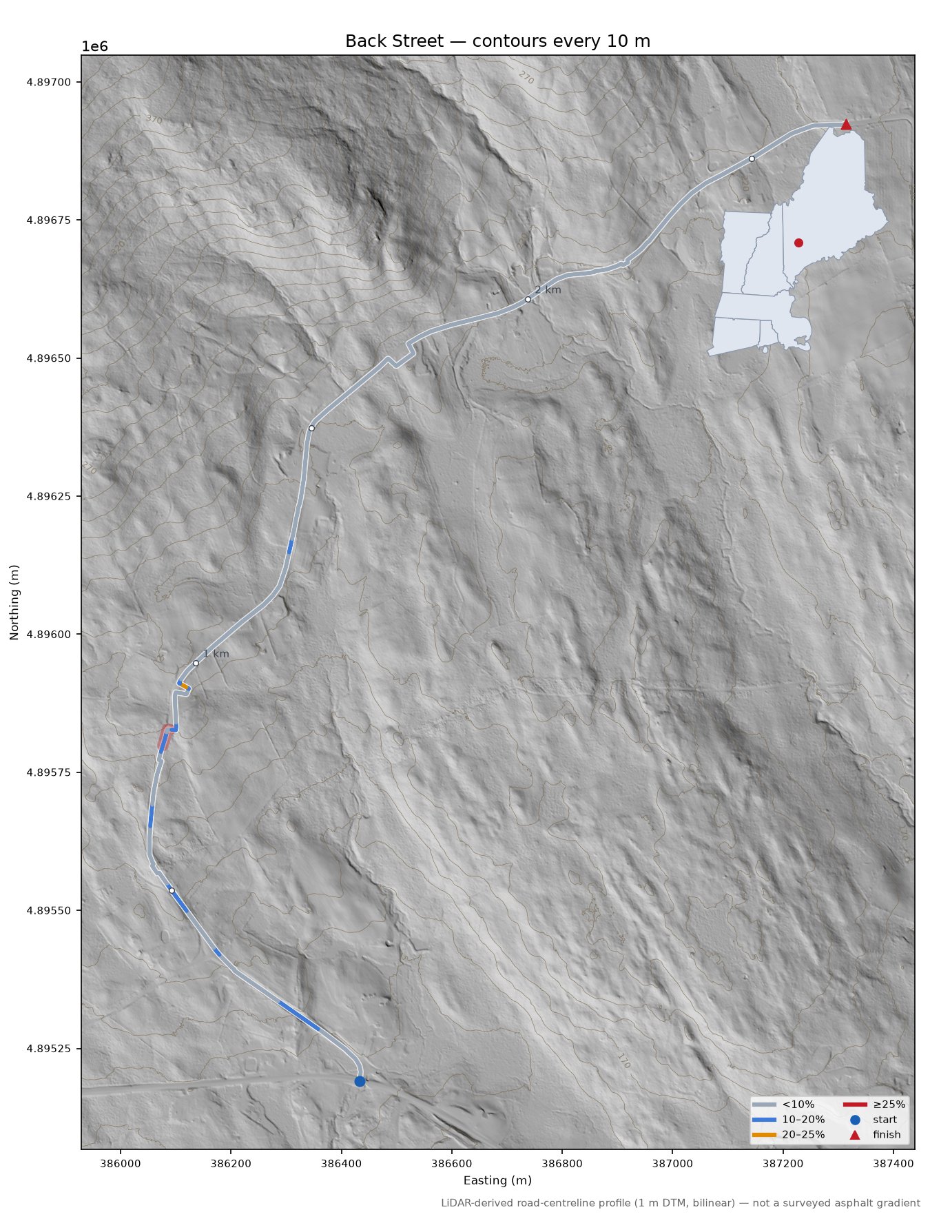 Back Street LiDAR hillshade map with contours