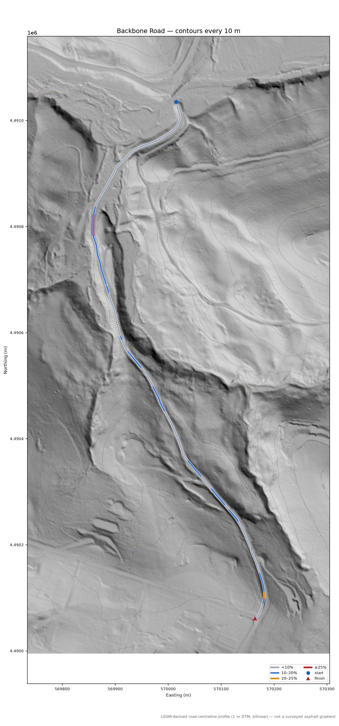 Backbone Road LiDAR hillshade map with contours