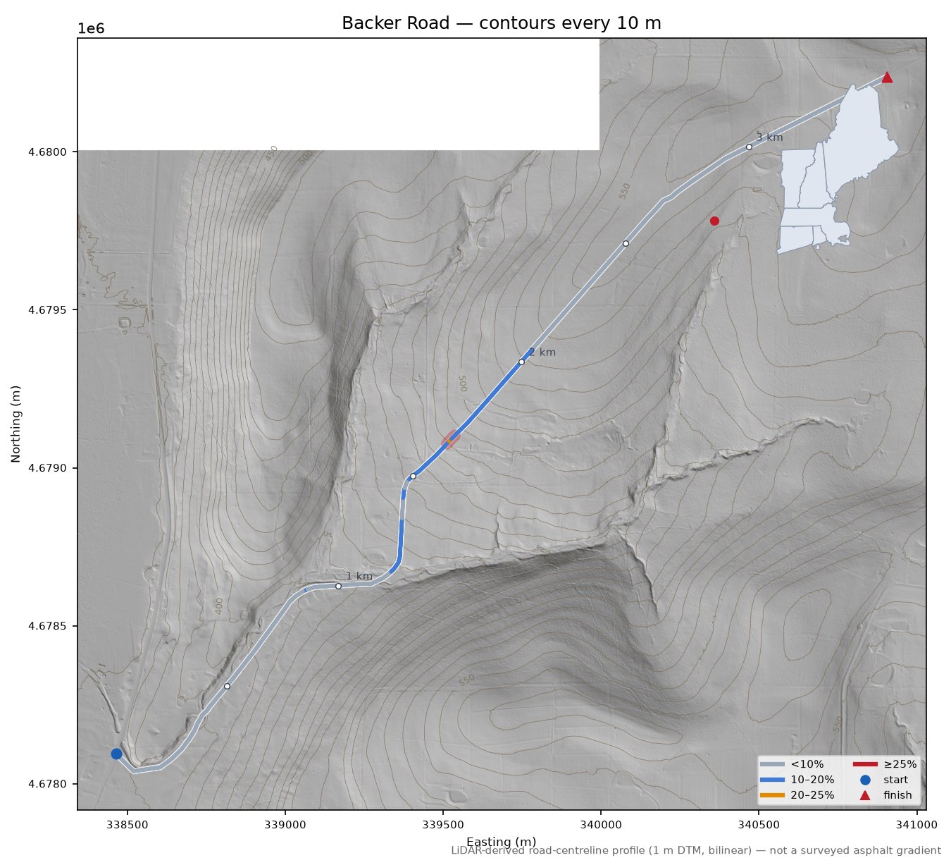 Backer Road LiDAR hillshade map with contours