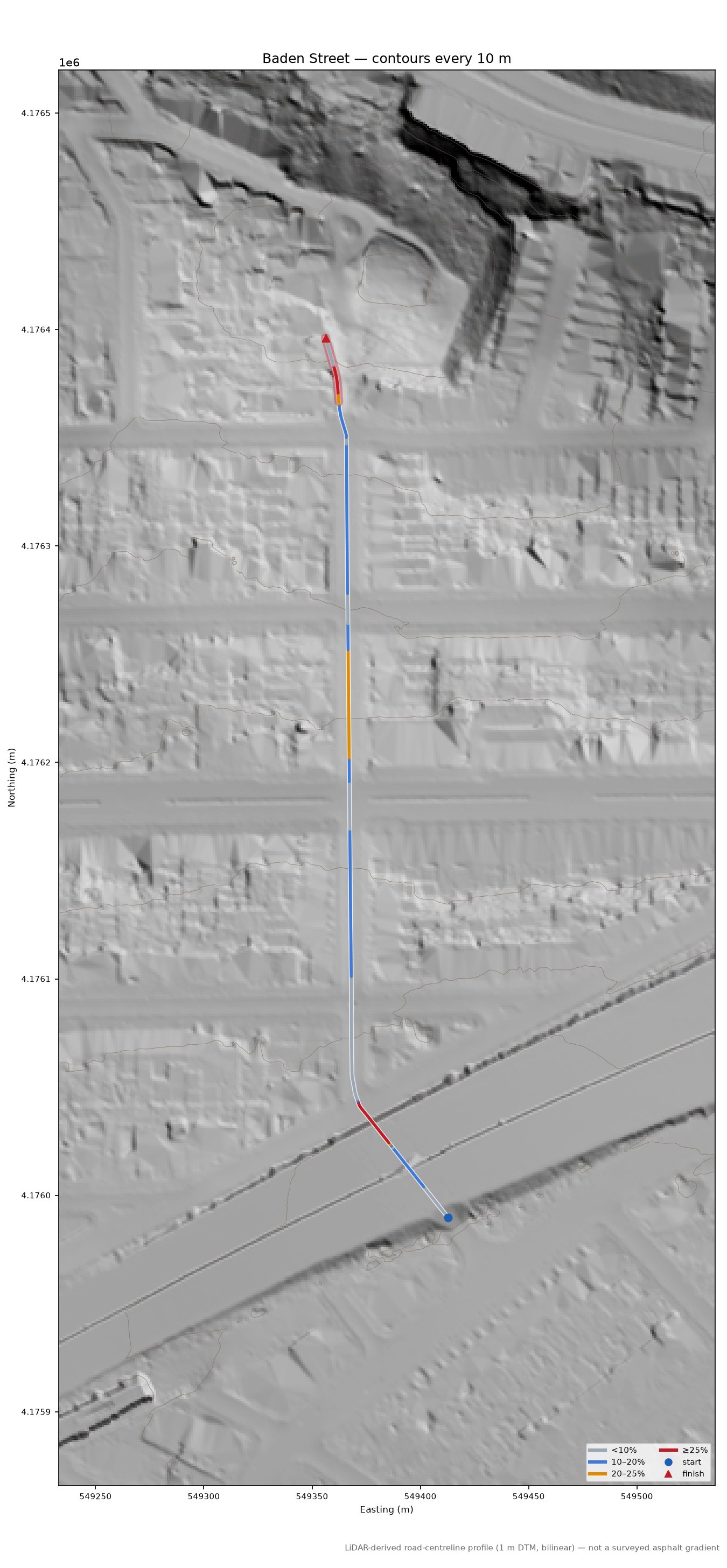 Baden Street LiDAR hillshade map with contours