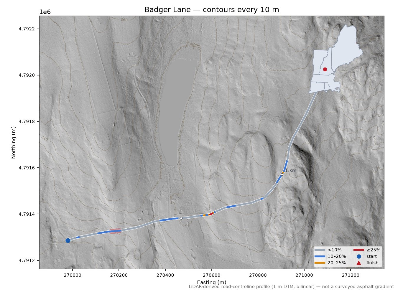 Badger Lane LiDAR hillshade map with contours