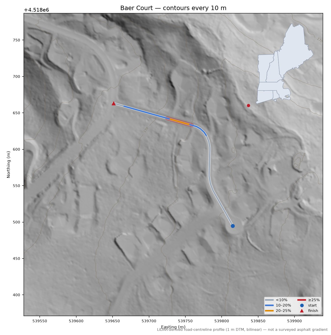 Baer Court LiDAR hillshade map with contours