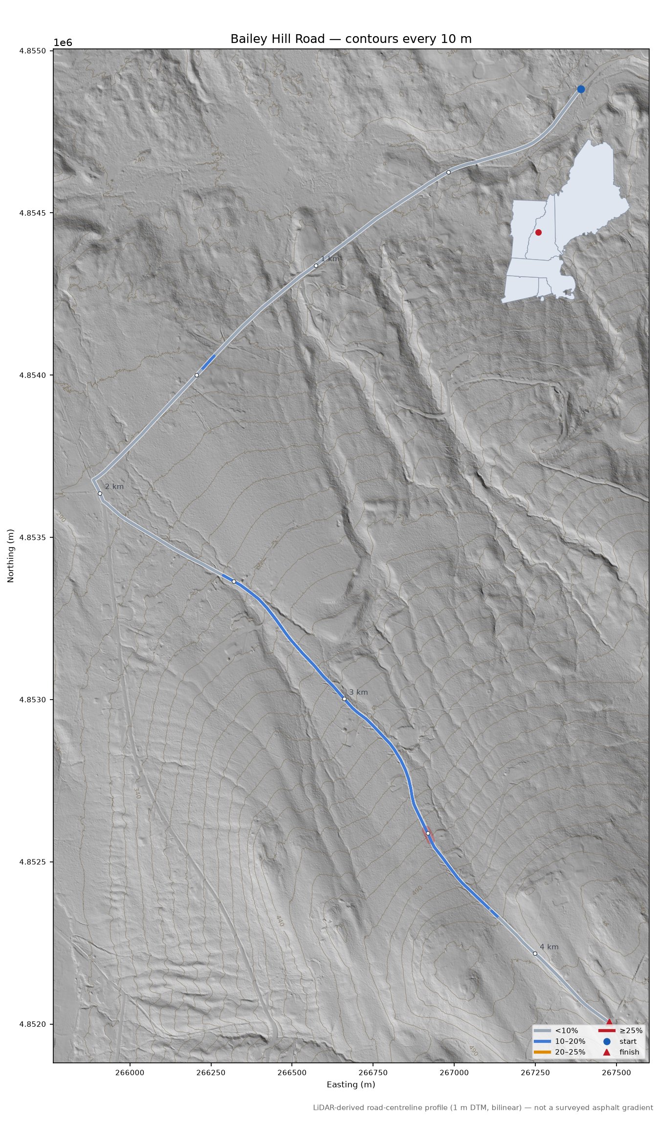 Bailey Hill Road LiDAR hillshade map with contours