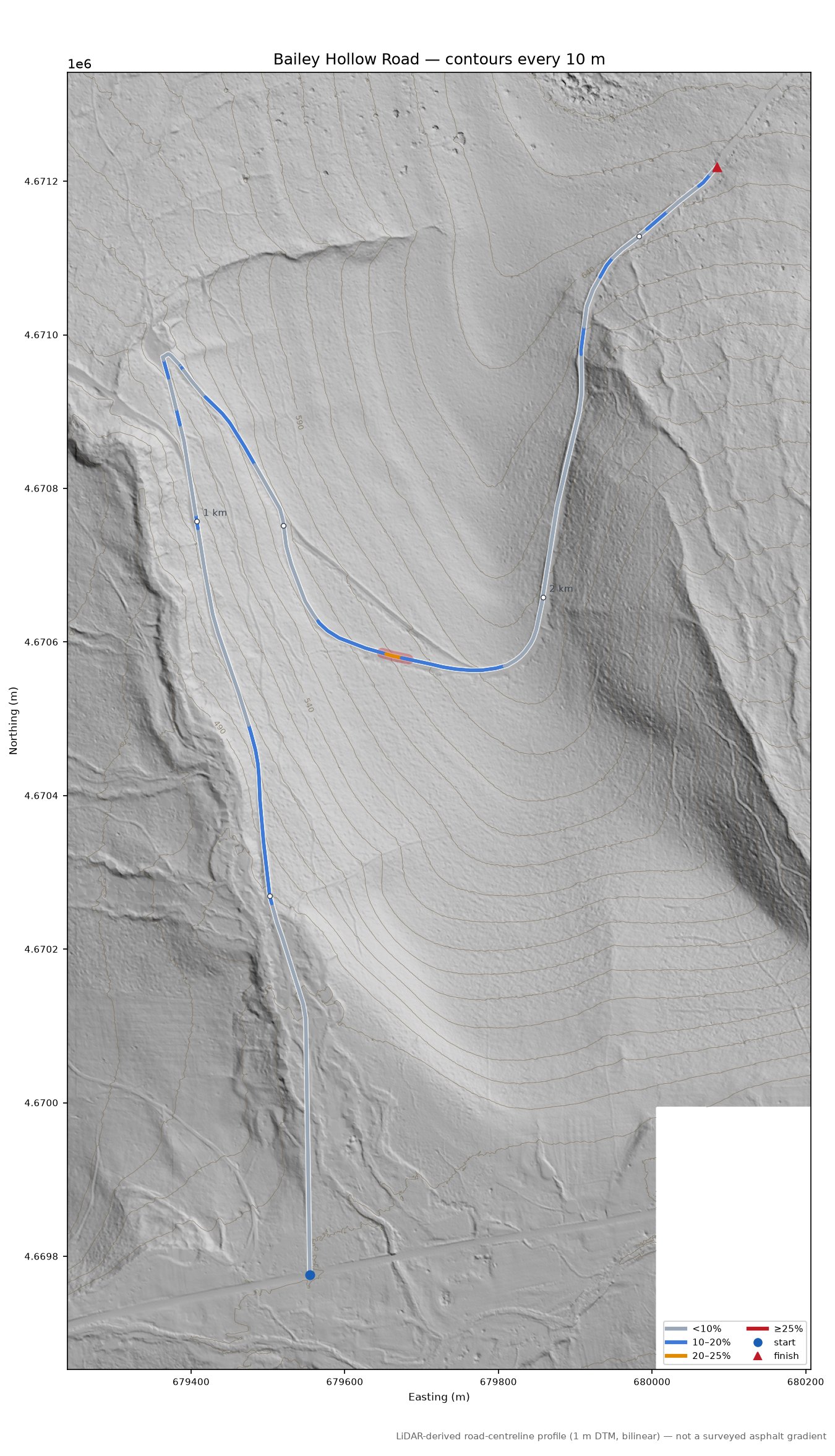 Bailey Hollow Road LiDAR hillshade map with contours