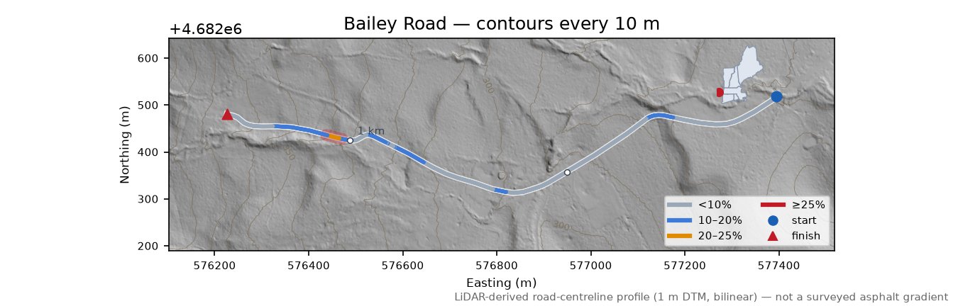 Bailey Road LiDAR hillshade map with contours