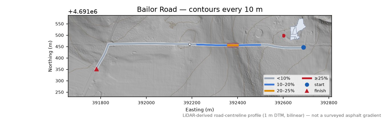 Bailor Road LiDAR hillshade map with contours