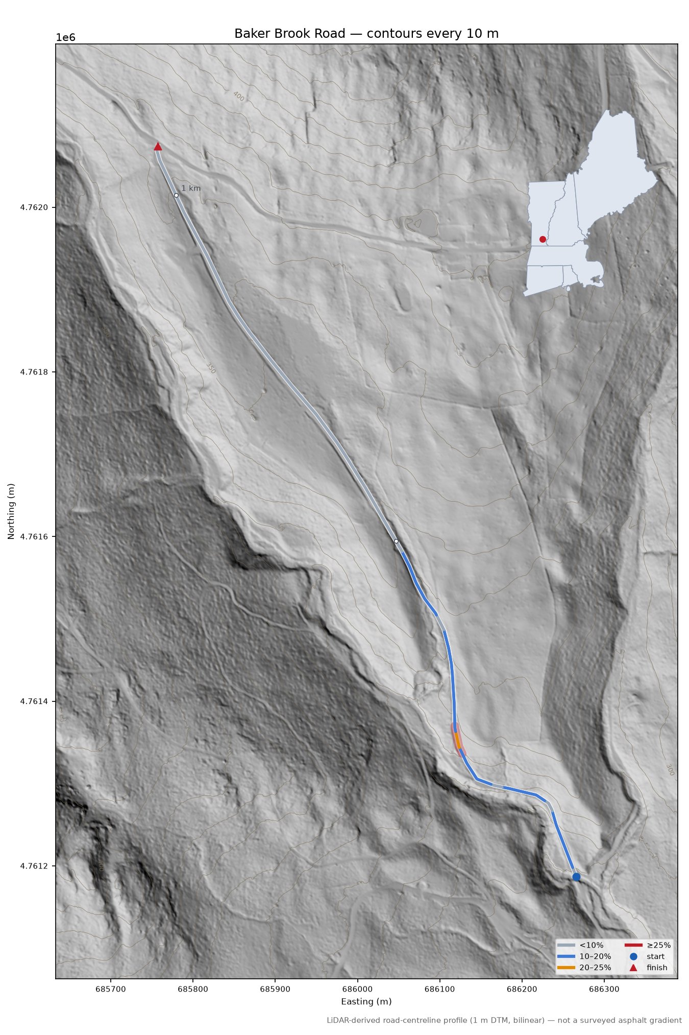 Baker Brook Road LiDAR hillshade map with contours