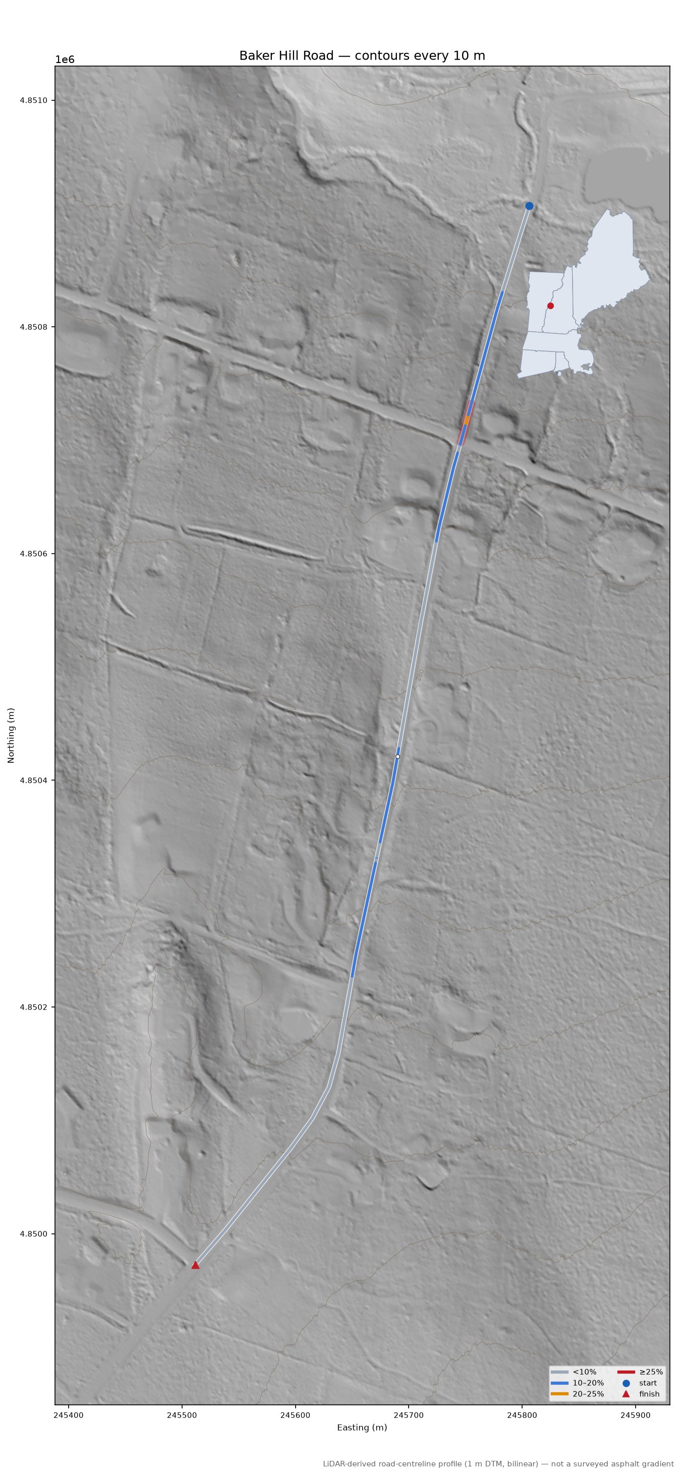 Baker Hill Road LiDAR hillshade map with contours