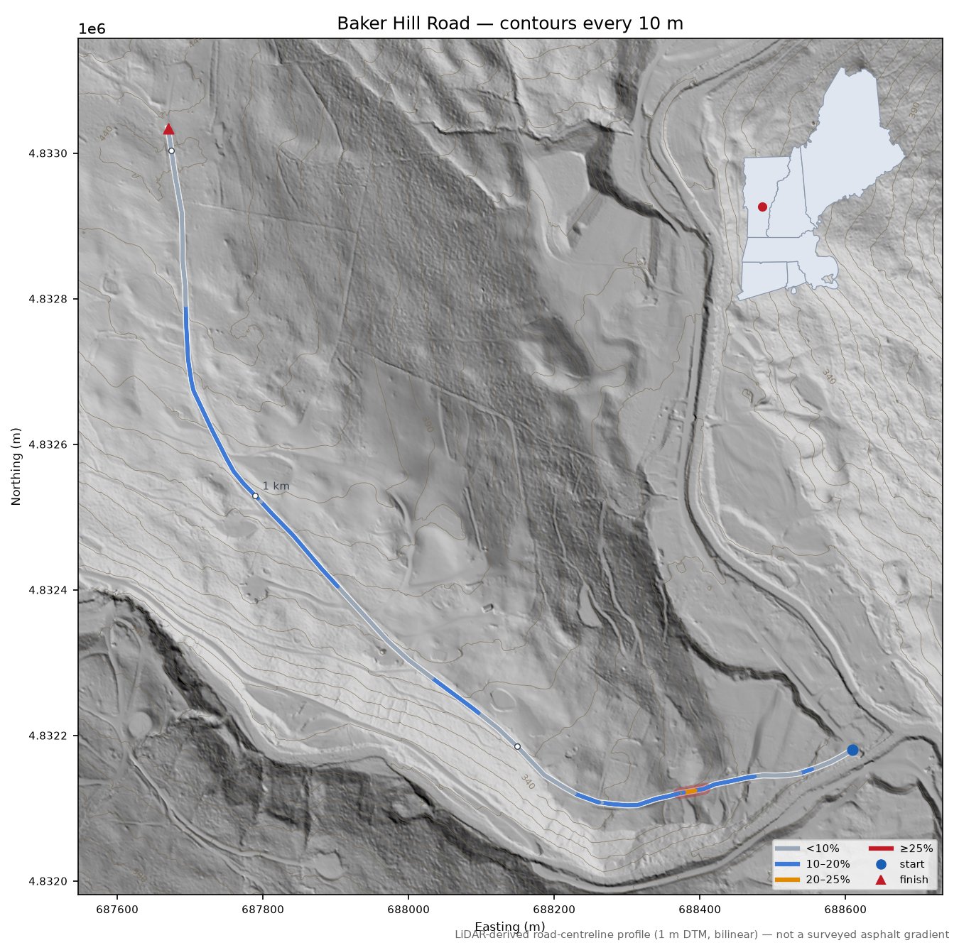 Baker Hill Road LiDAR hillshade map with contours