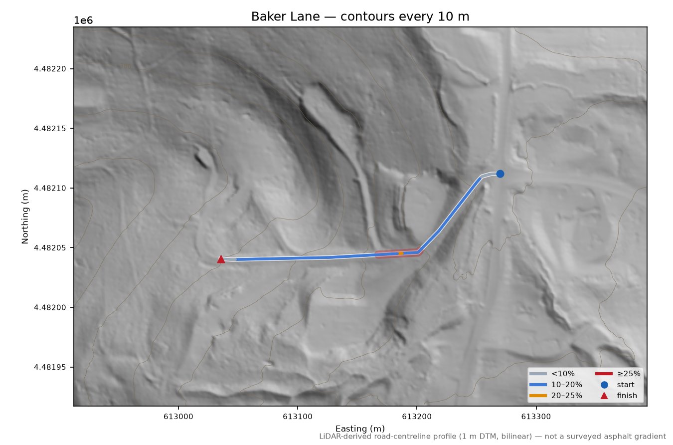 Baker Lane LiDAR hillshade map with contours
