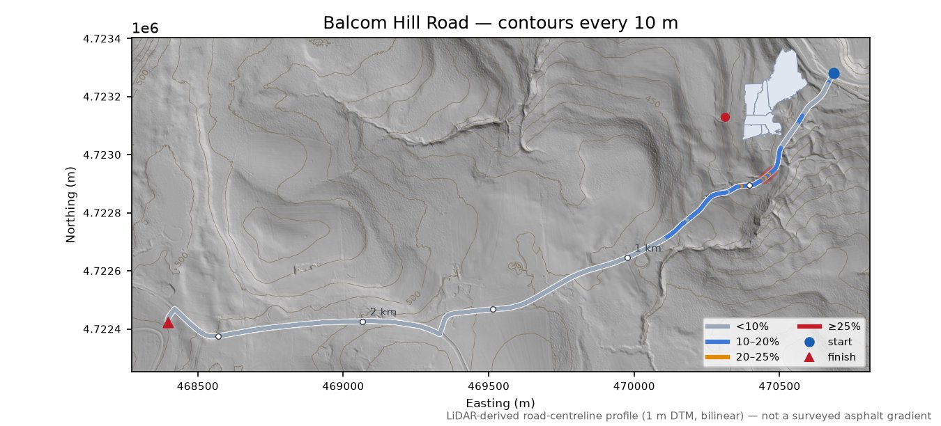 Balcom Hill Road LiDAR hillshade map with contours
