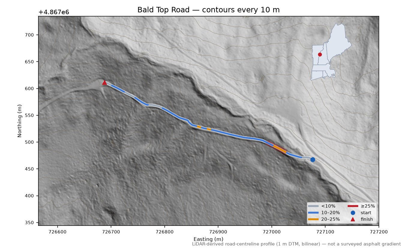 Bald Top Road LiDAR hillshade map with contours