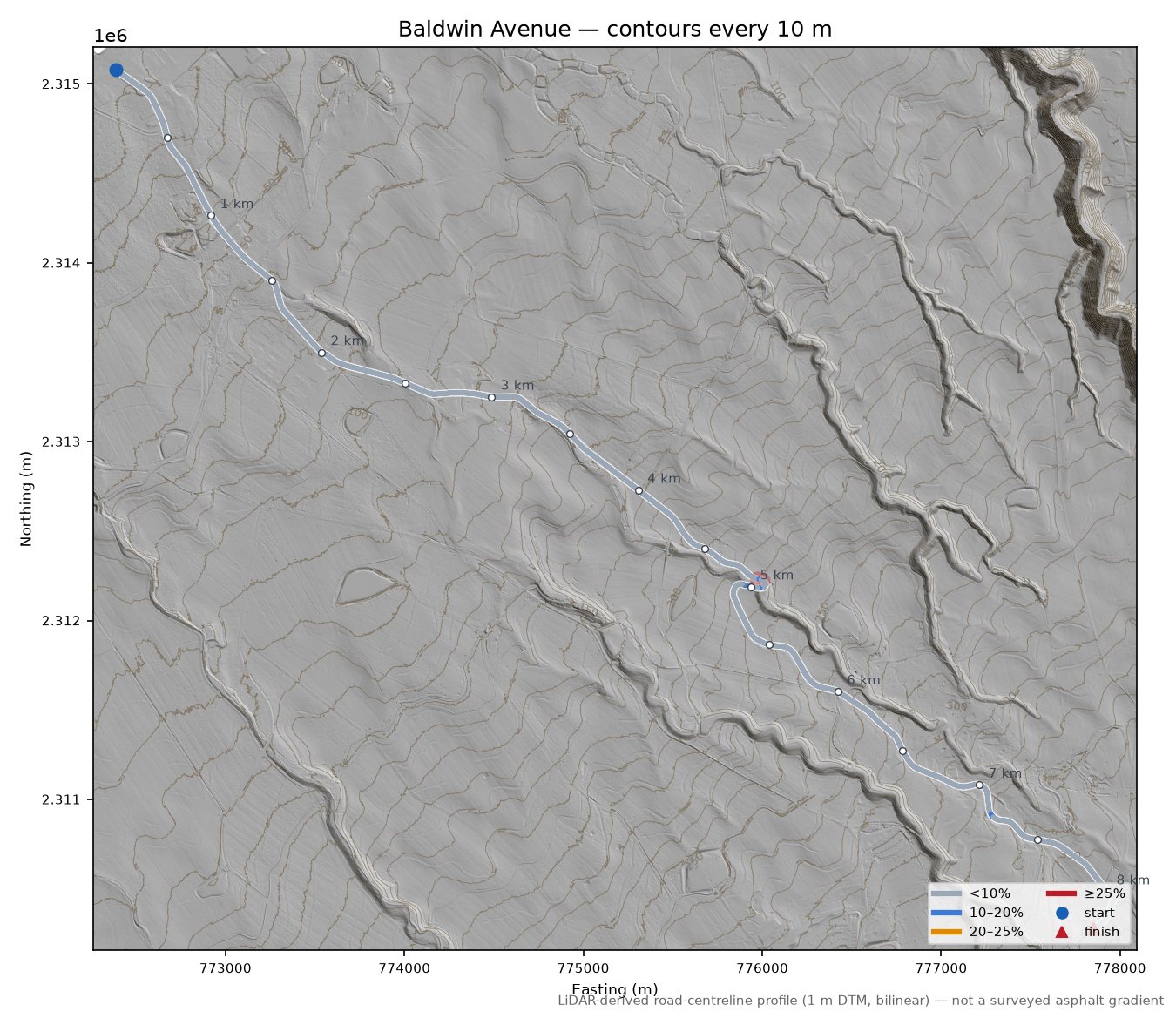 Baldwin Avenue LiDAR hillshade map with contours