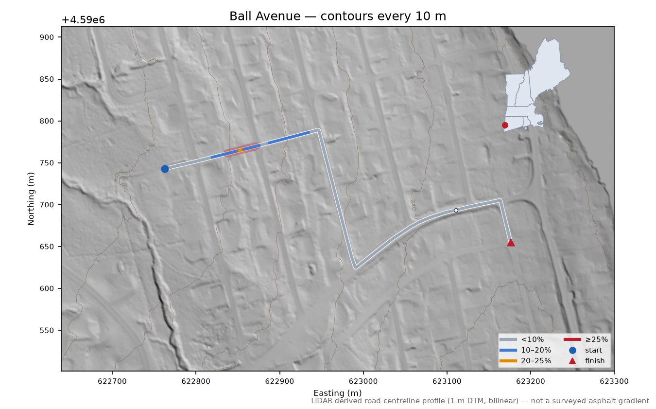 Ball Avenue LiDAR hillshade map with contours